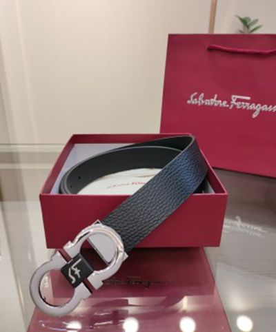 1:1 Ferragamo  Black Leather Belt  with Silver Logo buckle Copper Buckle 3.5cm